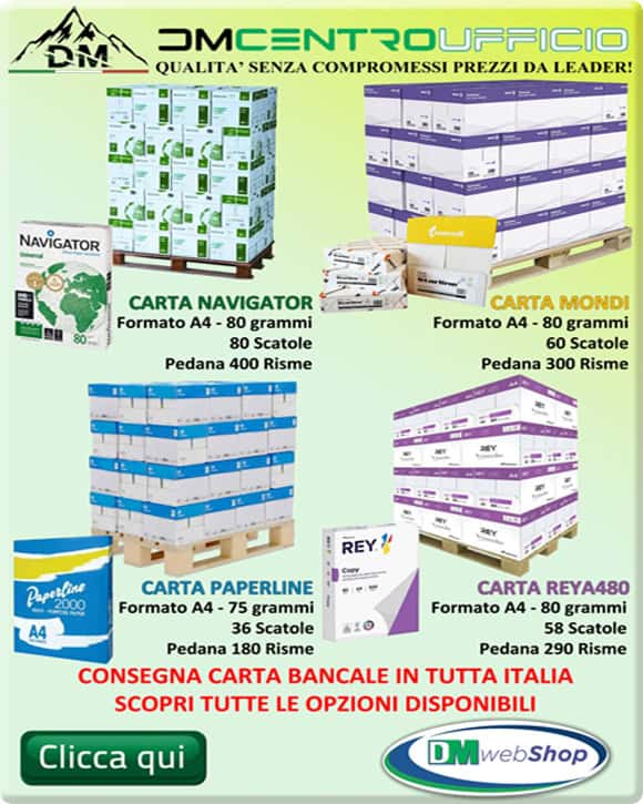 Carta in bancali A4 80 gr per ufficio, offerta prezzi ingrosso pallet, vendita carta economica DMwebShop