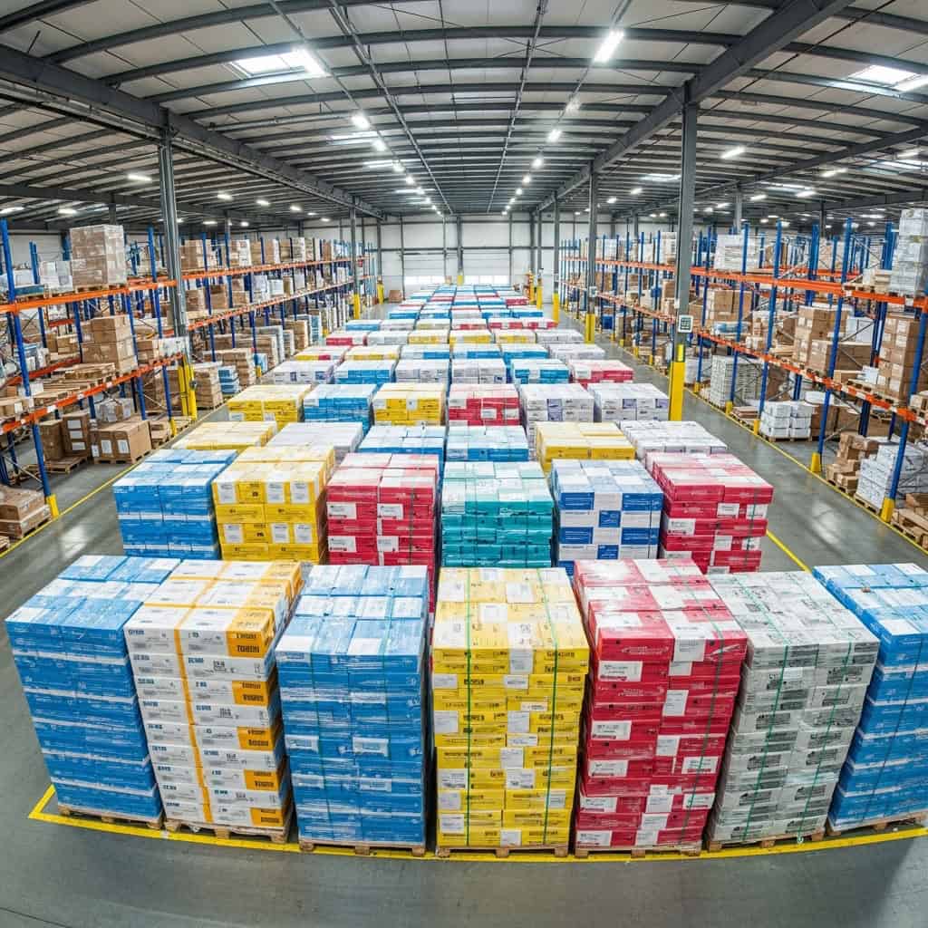 Magazzino con bancali di carta A4 e A3 impilati, gestione efficiente e risparmio sui prezzi carta pallet offerti da DMwebShop