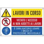 Cartello segnalatore multisimbolo - 50 x 33,3 cm - LAVORI IN CORSO/VIETATO L'ACCESSO/E' OBBLIGATORIO - alluminio - E2948 - 8798310072948 - DMwebShop