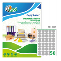 Etichetta adesiva SL4 - ovale - permanente - 36 x 27 mm - 50 etichette per foglio - satinata argento - conf. 100 fogli A4 - Tico - SL4-3627 - 8007827241076 - DMwebShop