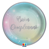 Piatto Soft Rainbow - Buon Compleanno - Ø 24 cm - carta - conf. 8 pezzi - Big Party - 74291 - 8020834742916 - DMwebShop