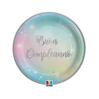 Piatto Soft Rainbow - Buon Compleanno - Ø 18 cm - carta - conf. 8 pezzi - Big Party - 74292 - 8020834742923 - DMwebShop