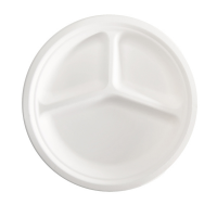 Piatto piano a 3 scomparti monouso - rotondo - Ø 26 cm - canna da zucchero - bianco - conf. 50 pezzi - Signor Bio - BPC006BIO50B - 8055715780329 - DMwebShop