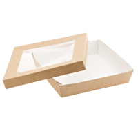 Scatola da asporto - con finestra trasparente - 18 x 18 x 5 cm - carta kraft-PE - avana - conf. 20 pezzi - Leone - H0718 - 8024112002495 - DMwebShop