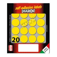 Etichetta adesiva - permanente - tonda Ø 27 mm - 20 etichette per foglio - 10 fogli per busta - giallo - Markin - 10008GI - 8007047035455 - DMwebShop
