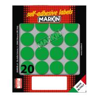 Etichetta adesiva - permanente - tonda Ø 27 mm - 20 etichette per foglio - 10 fogli per busta - verde - Markin - X10008VE - 8007047035448 - DMwebShop