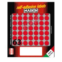 Etichetta adesiva - permanente - tonda Ø 14 mm - 63 etichette per foglio - 10 fogli per busta - rosso - Markin - 10005RO - 8007047035288 - DMwebShop
