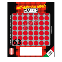 Etichetta adesiva - permanente - tonda Ø 14 mm - 63 etichette per foglio - 10 fogli per busta - rosso - Markin - 10005RO - 8007047035288 - DMwebShop