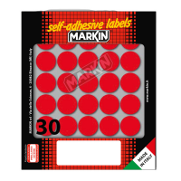 Etichetta adesiva - permanente - tonda Ø 22 mm - 30 etichette per foglio - 10 fogli per busta - rosso - Markin - 10007RO - 8007047035400 - DMwebShop