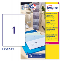 Etichetta in poliestere L7567 - permanente - 210 x 297 mm - 1 etic. per foglio - trasparente - conf. 25 fogli A4 - Avery - L7567-25 - 5014702106279 - DMwebShop