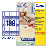 Etichetta adesiva L4731REV - rimovibile - 25,4 x 10 mm - 189 etic. per foglio - bianco - conf. 25 fogli A4 - Avery - L4731REV-25 - 5014702106422 - DMwebShop