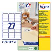 Etichetta adesiva L4737REV - removibili - 63,5 x 29,6 mm - 27 etic. per foglio - bianco - conf. 25 fogli A4 - Avery - L4737REV-25 - 5014702106385 - DMwebShop