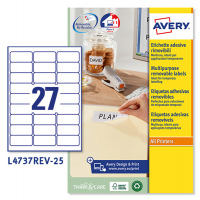 Etichetta adesiva L4737REV - removibili - 63,5 x 29,6 mm - 27 etic. per foglio - bianco - conf. 25 fogli A4 - Avery - L4737REV-25 - 5014702106385 - DMwebShop