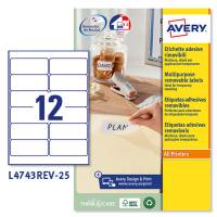 Etichetta adesiva L4743REV - rimovibile - 99,1 x 42,3 mm - 12 etic. Per foglio - bianco - conf. 25 fogli A4 - Avery - L4743REV-25 - 5014702006067 - DMwebShop