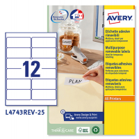 Etichetta adesiva L4743REV - rimovibile - 99,1 x 42,3 mm - 12 etic. Per foglio - bianco - conf. 25 fogli A4 - Avery - L4743REV-25 - 5014702006067 - DMwebShop