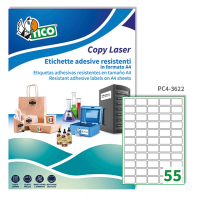 Etichetta in poliestere PC4 - stampanti laser - permanente - 36 x 22 mm - 55 etichette per foglio - trasparenti - conf. 100 fogli A4 - Tico - PC4-3622 - 8007827243032 - DMwebShop