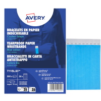 Braccialetti identificativi - in Tyvek - blu fluo - 265 x 19 mm - 50 fogli - 10 etichette per foglio - Conf. 500 pezzi - Avery - TYVBL-50 - 5014702149542 - DMwebShop