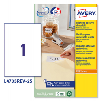 Etichetta adesiva L4735REV - rimovibile - 210 x 297 mm - 1 etichetta per foglio - bianco - conf. 25 fogli A4 - Avery L4735REV-25