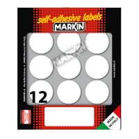 Etichetta adesiva - permanente - tonda Ø 34 mm - 12 etichette per foglio - 10 fogli per busta - bianco - Markin - 10009 - 800707035486 - DMwebShop