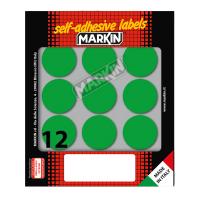 Etichetta adesiva - permanente - tonda Ø 34 mm - 12 etichette per foglio - 10 fogli per busta - verde - Markin - 10009VE - 8007047035509 - DMwebShop