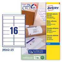 Etichetta adesiva J8162 - bianco - adatta a stampanti inkjet - 99,1 x33,9 mm - 16 etichette per foglio - conf. 25 fogli A4 - Avery - J8162-25 - 5014702109041 - DMwebShop
