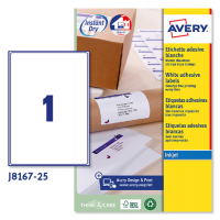 Etichetta adesiva J8167 - permanente - 199,6 x 289,1 mm - 1 etic. Per foglio - bianco - conf. 25 fogli A4 - Avery - J8167-25 - 5014702109102 - DMwebShop