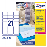 Etichetta in poliestere L7560 - adatta a stampanti laser - permanente - 63,5 x 38,1 mm - 21 etichetta per foglio - trasparente - conf. 25 fogli A4 - Avery