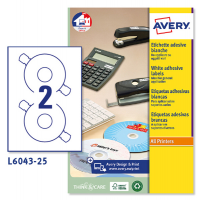Etichetta adesiva L6043 per CD-DVD - permanente - Ø CD 117 mm - foro 41 mm - 2 etic. Per foglio - bianco - conf. 25 fogli A4 - Avery - L6043-25 - 5014702109171 - DMwebShop