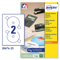 Etichetta adesiva J8676 per CD-DVD - carta permanente - inkjet - Ø 117 mm - 2 etic. Per foglio - bianco opaco - conf. 25 fogli A4 - Avery - J8676-25 - 5014702988936 - DMwebShop