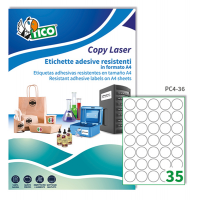 Etichetta in poliestere PC4 - laser - permanente - Ø 36 mm - 35 etichette per foglio - trasparente - conf. 100 fogli A4 - Tico - PC4-36 - 8007827243025 - DMwebShop