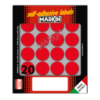 Etichetta adesiva - permanente - tonda Ø 27 mm - 20 etichette per foglio - 10 fogli per busta - rosso - Markin - 10008RO - 8007047035462 - DMwebShop