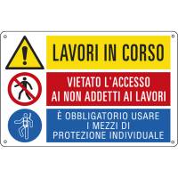 Cartello segnalatore multisimbolo - 50 x 33,3 cm - LAVORI IN CORSO/VIETATO L'ACCESSO/E' OBBLIGATORIO - alluminio - E2948 - 8798310072948 - DMwebShop