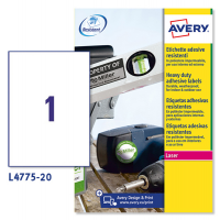 Etichetta in poliestere L4775 - adatta a stampanti laser - permanente - 210 x 297 mm - 1 etichetta per foglio - bianco - conf. 20 fogli A4 - Avery