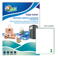 Etichetta in poliestere PC4 - adatta a stampanti laser - permanente - 210 x 297 mm - 1 etichetta per foglio - trasparente - conf. 100 fogli A4 - Tico