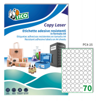 Etichetta in poliestere PC4 - stampanti laser - permanente - Ø 25 mm - 70 etichette per foglio - trasparente - conf. 100 fogli A4 - Tico - PC4-25 - 8007827243018 - DMwebShop
