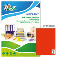 Etichetta adesiva LP4F - permanente - 210 x 297 mm - 1 etichetta per foglio - rosso fluo - conf. 70 fogli A4 - Tico - LP4FR-210297 - 8007827270236 - DMwebShop