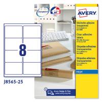 Etichette adesive J8565 - poliestere - rimovibili - 99,1 x 67,7 mm - 8 etic. per foglio - trasparente - conf. 25 fogli A4 - Avery - J8565-25 - 5014702011412 - DMwebShop