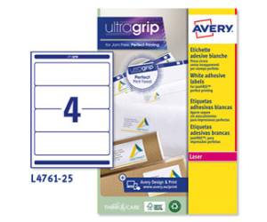 Etichetta adesiva L4761 - permanente - 192 x 61 mm - 4 etichette per foglio - bianco coprente - conf. 25 fogli A4 - Avery - L4761-25 - 4004182019252 - DMwebShop