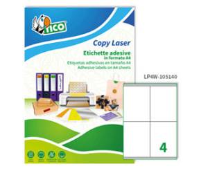 Etichette adesive LP4 W carta con margini permanenti 105 x 140 mm 4 etichette per foglio 100 fogli bianco Tico LP4W 105140 - 1708