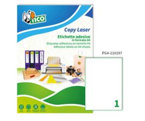 Etichette adesive PG4 carta laser permanenti 210 x 297 mm 1 etichette per foglio 100 fogli bianco lucido Tico PG4 210297 - 1608