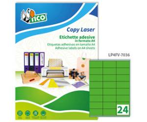 Etichetta adesiva LP4F - permanente - 70 x 36 mm - 24 etichette per foglio - verde fluo - conf. 70 fogli A4 - Tico - LP4FV-7036 - 8007827270144 - DMwebShop