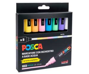 Marcatore Uni Posca PC5M - punta media 1,8 - 2,5 mm - colori assortiti pastel - conf. 8 pezzi - Uni Mitsubishi - M PC5MP 8P - 8007404249242 - DMwebShop