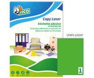 Etichetta adesiva LP4F - permanente - 210 x 297 mm - 1 etichetta per foglio - verde fluo - conf. 70 fogli A4 - Tico - LP4FV-210297 - 8007827270243 - DMwebShop