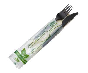 Bis coltello e forchetta CPLA con tovagliolo bianco - 18224