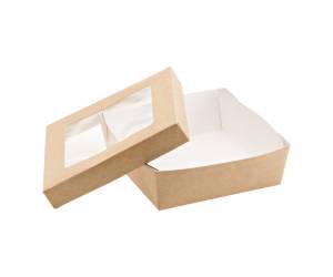 Scatola da asporto con finestra trasparente 14 x 14 x 5 cm carta kraft PE avana - 18063