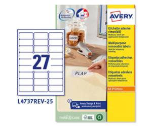 Etichetta adesiva L4737REV - removibili - 63,5 x 29,6 mm - 27 etic. per foglio - bianco - conf. 25 fogli A4 - Avery - L4737REV-25 - 5014702106385 - DMwebShop