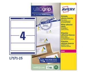 Etichetta adesiva L7171 - permanente - 200 x 60 mm - 4 etichette per foglio - bianco coprente - conf. 25 fogli A4 - Avery - L7171-25 - 5014702004452 - DMwebShop