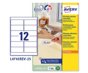 Etichetta adesiva L4743REV - rimovibile - 99,1 x 42,3 mm - 12 etic. Per foglio - bianco - conf. 25 fogli A4 - Avery - L4743REV-25 - 5014702006067 - DMwebShop