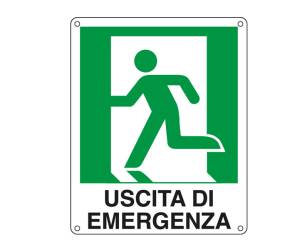 Cartello segnalatore - 25 x 31 cm - USCITA DI EMERGENZA (sinistra) - alluminio - Cartelli Segnalatori - E20105X - 8769102010516 - DMwebShop