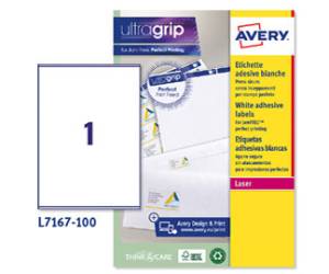 Etichetta adesiva L7167 - permanente - 199,6 x 289,1 mm - 1 etichetta per foglio - bianco - conf. 100 fogli A4 - Avery - L7167-100 - 5014702004322 - DMwebShop